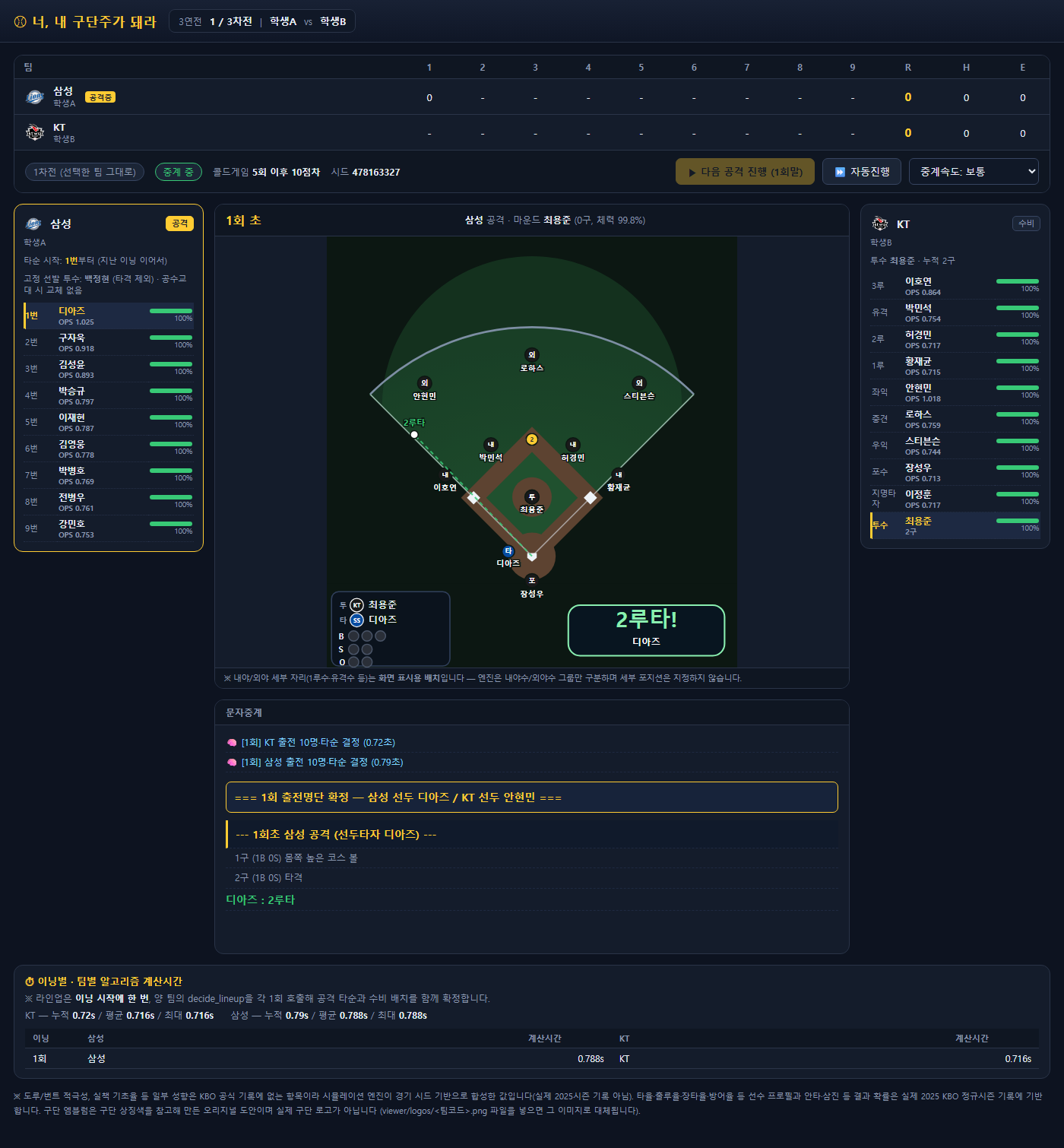 my_baseball 실제 라이브 뷰어: 삼성 대 KT의 점수판, 선수 명단, 체력, 야구장 중계 화면